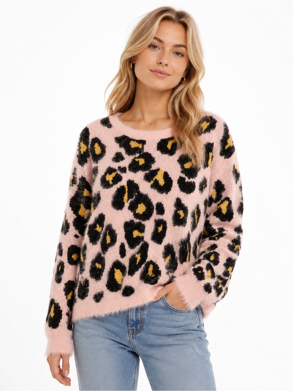 Voy Size Medium Women's Pink Leopard Print Fuzzy Crewneck Sweater